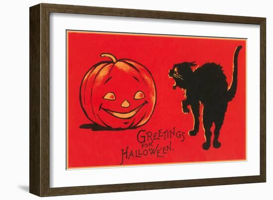 Greetings for Halloween, Black Cat and Jack O'Lantern-null-Framed Art Print