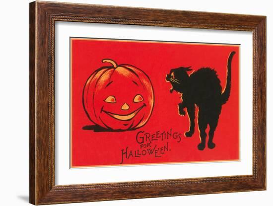 Greetings for Halloween, Black Cat and Jack O'Lantern-null-Framed Art Print