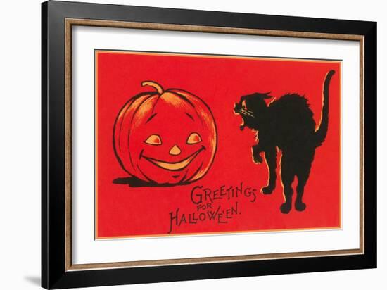 Greetings for Halloween, Black Cat and Jack O'Lantern-null-Framed Art Print