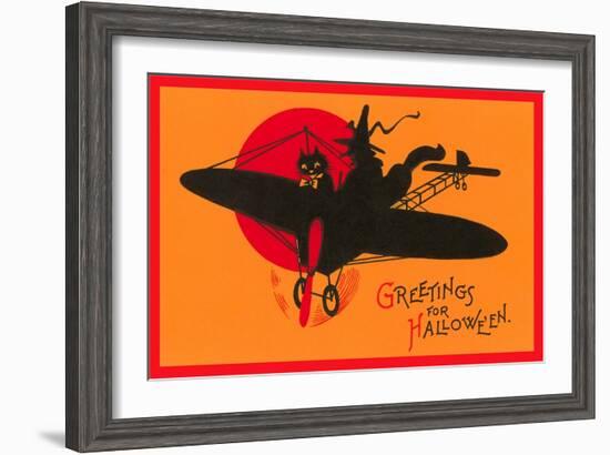 Greetings for Halloween, Cat and Witch in Plane-null-Framed Art Print