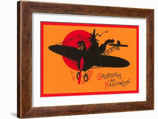 Greetings for Halloween, Cat and Witch in Plane-null-Framed Art Print