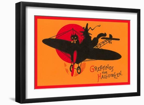 Greetings for Halloween, Cat and Witch in Plane-null-Framed Art Print