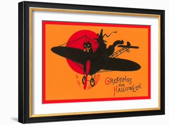 Greetings for Halloween, Cat and Witch in Plane-null-Framed Art Print