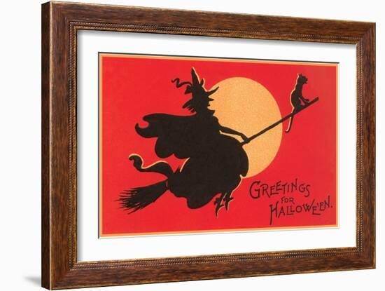 Greetings for Halloween, Witch on Broomstick-null-Framed Art Print