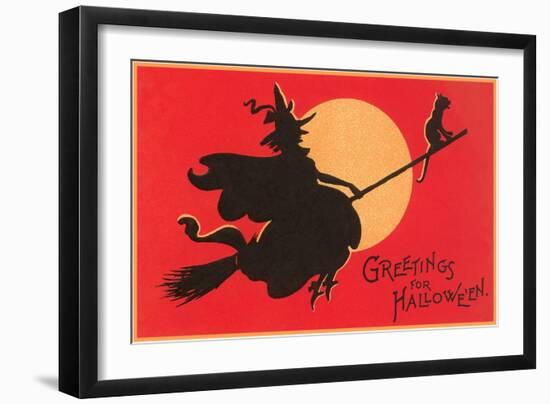 Greetings for Halloween, Witch on Broomstick-null-Framed Art Print