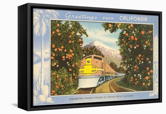 Greetings from California, Train through Orange Groves-null-Framed Stretched Canvas