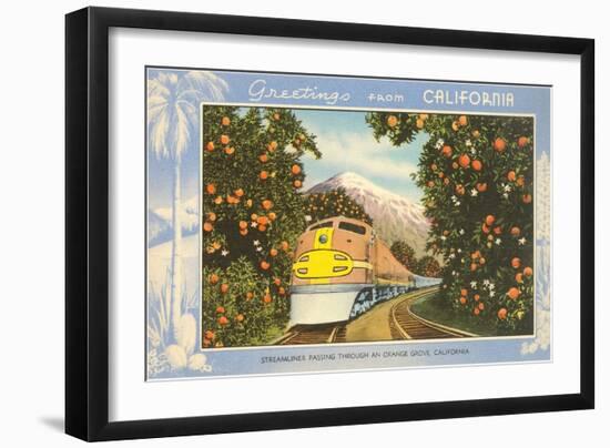 Greetings from California, Train through Orange Groves-null-Framed Art Print