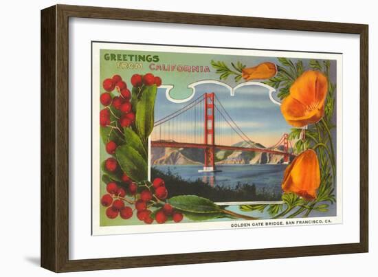Greetings from California with Golden Gate Bridge and Poppies-null-Framed Art Print