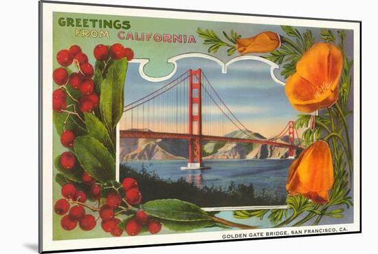 Greetings from California with Golden Gate Bridge and Poppies-null-Mounted Art Print