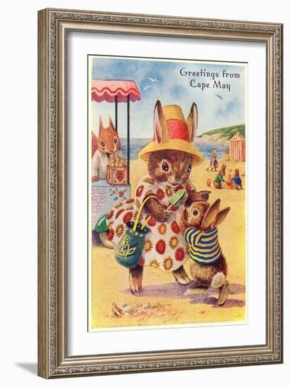 Greetings from Cape May, New Jersey, Bunnies on Beach-null-Framed Art Print
