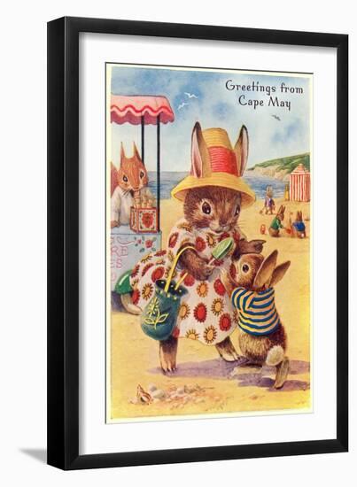 Greetings from Cape May, New Jersey, Bunnies on Beach-null-Framed Art Print