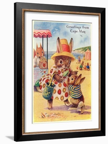 Greetings from Cape May, New Jersey, Bunnies on Beach-null-Framed Art Print