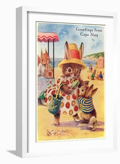 Greetings from Cape May, New Jersey, Bunnies on Beach-null-Framed Art Print