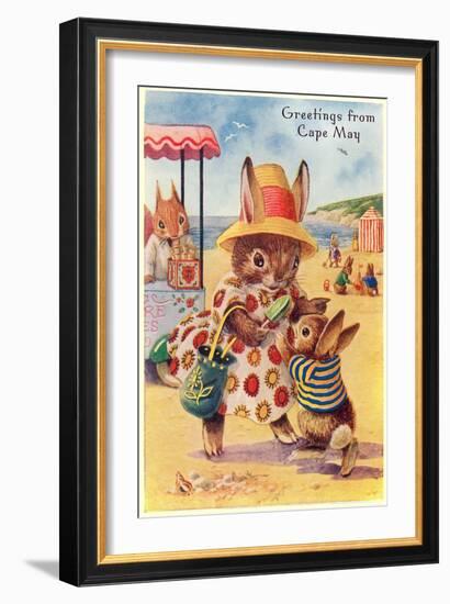 Greetings from Cape May, New Jersey, Bunnies on Beach-null-Framed Art Print