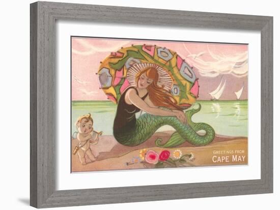 Greetings from Cape May, New Jersey, Mermaid with Cherub-null-Framed Art Print