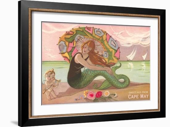 Greetings from Cape May, New Jersey, Mermaid with Cherub-null-Framed Art Print