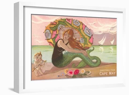 Greetings from Cape May, New Jersey, Mermaid with Cherub-null-Framed Art Print