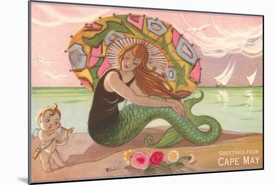 Greetings from Cape May, New Jersey, Mermaid with Cherub-null-Mounted Art Print