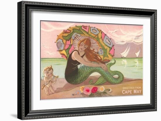 Greetings from Cape May, New Jersey, Mermaid with Cherub-null-Framed Art Print