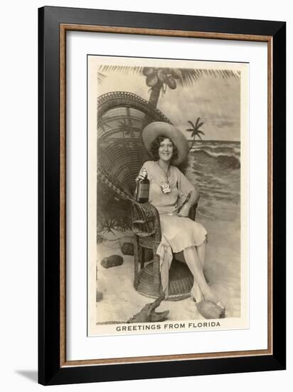 Greetings from Florida, Lady in Chair with Gator-null-Framed Art Print