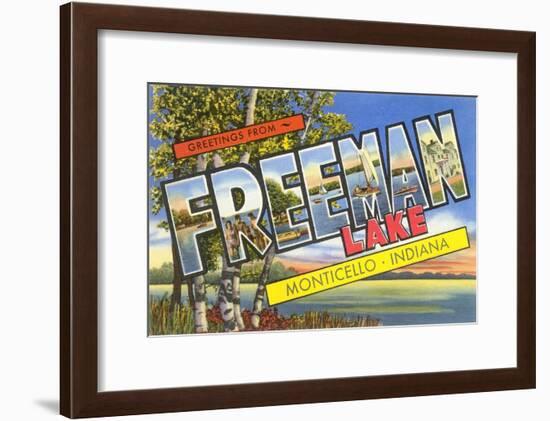 Greetings from Freeman Lake, Monticello, Indiana-null-Framed Art Print