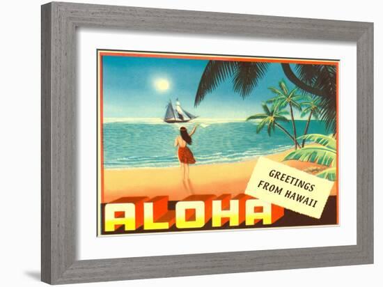 Greetings from Hawaii, Hula Girl on Beach-null-Framed Art Print