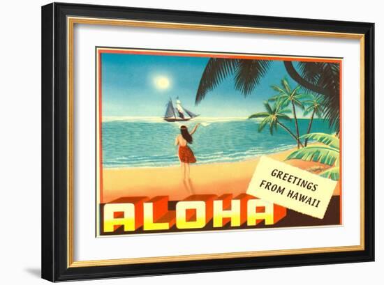 Greetings from Hawaii, Hula Girl on Beach-null-Framed Art Print