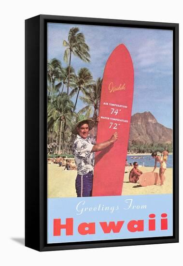Greetings from Hawaii, Surfboard with Temperature-null-Framed Stretched Canvas