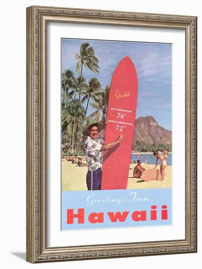 Greetings from Hawaii, Surfboard with Temperature-null-Framed Art Print