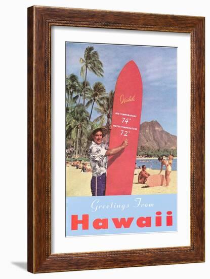 Greetings from Hawaii, Surfboard with Temperature-null-Framed Art Print