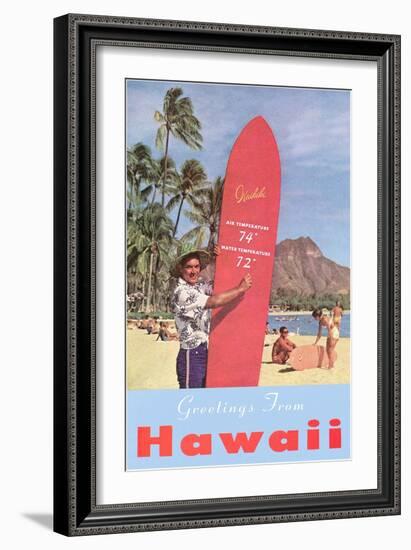 Greetings from Hawaii, Surfboard with Temperature-null-Framed Art Print