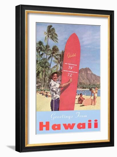 Greetings from Hawaii, Surfboard with Temperature-null-Framed Art Print