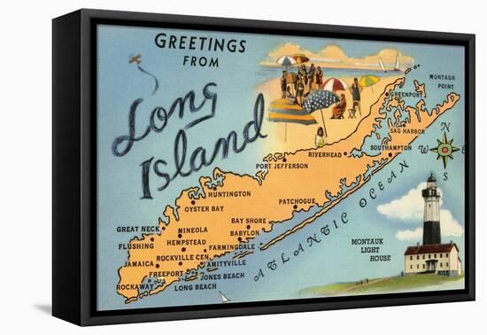 Greetings from Long Island, New York, Map-null-Framed Stretched Canvas