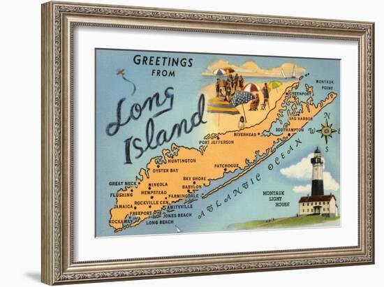 Greetings from Long Island, New York, Map-null-Framed Art Print