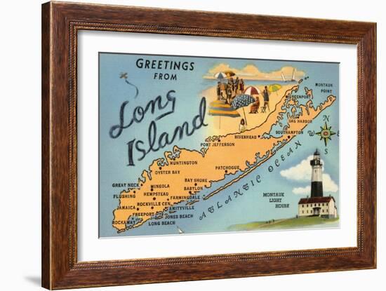 Greetings from Long Island, New York, Map-null-Framed Art Print