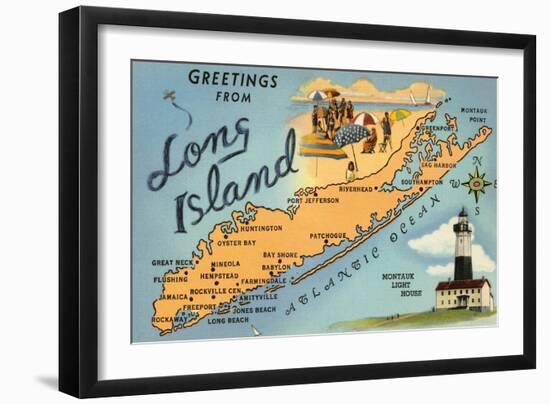 Greetings from Long Island, New York, Map-null-Framed Art Print