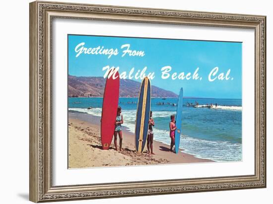 Greetings from Malibu Beach, California, Surfers-null-Framed Art Print