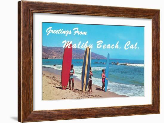 Greetings from Malibu Beach, California, Surfers-null-Framed Art Print