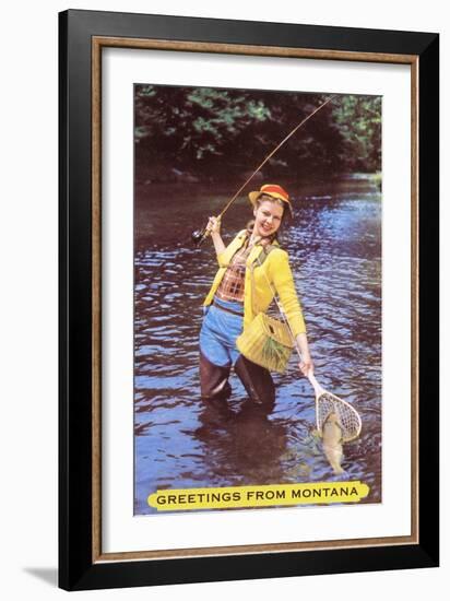 Greetings from Montana, Fishing Lady, Montana-null-Framed Art Print