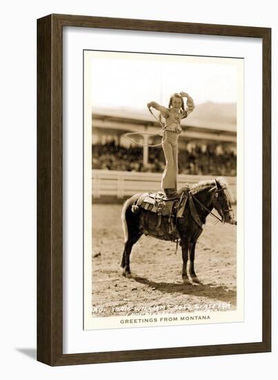 Greetings from Montana, Little Girl Roping on Pony-null-Framed Premium Giclee Print
