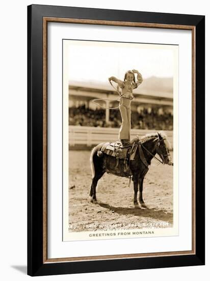 Greetings from Montana, Little Girl Roping on Pony-null-Framed Premium Giclee Print