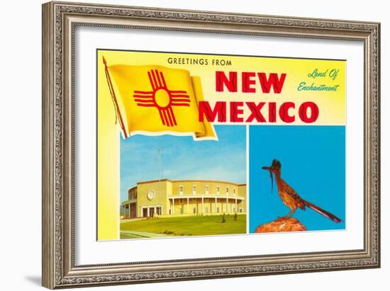 Greetings from New Mexico, Roadrunner and Roundhouse-null-Framed Art Print