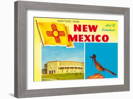 Greetings from New Mexico, Roadrunner and Roundhouse-null-Framed Art Print