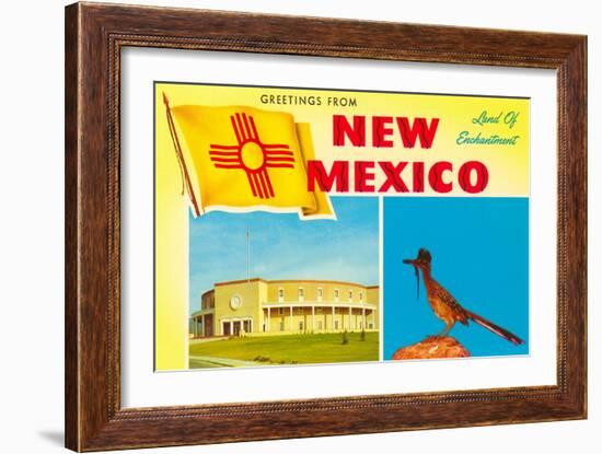 Greetings from New Mexico, Roadrunner and Roundhouse-null-Framed Art Print