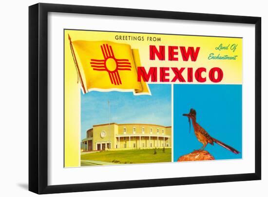 Greetings from New Mexico, Roadrunner and Roundhouse-null-Framed Art Print