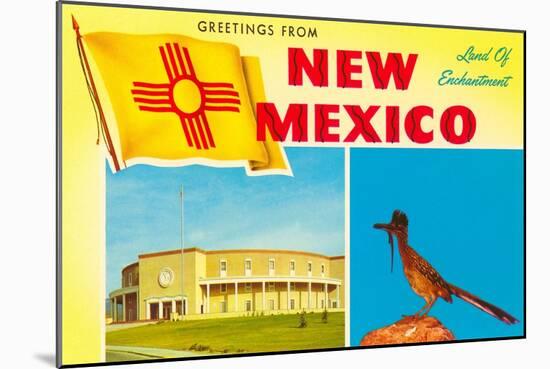 Greetings from New Mexico, Roadrunner and Roundhouse-null-Mounted Art Print