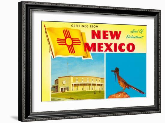 Greetings from New Mexico, Roadrunner and Roundhouse-null-Framed Art Print