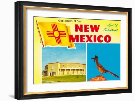 Greetings from New Mexico, Roadrunner and Roundhouse-null-Framed Art Print