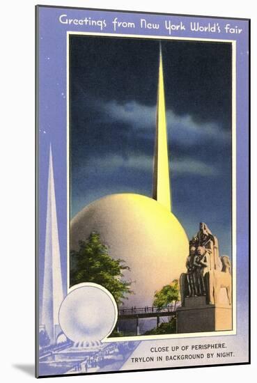 Greetings from New York World's Fair, Trylon and Perisphere-null-Mounted Art Print