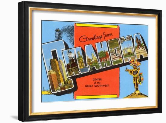 Greetings from Oklahoma, Center of the Great Southwest-null-Framed Giclee Print